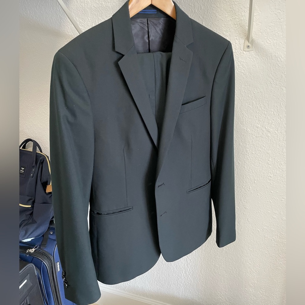 Mango Man Black Textured Suit Jacket Size 38, With Trousers - Main Image